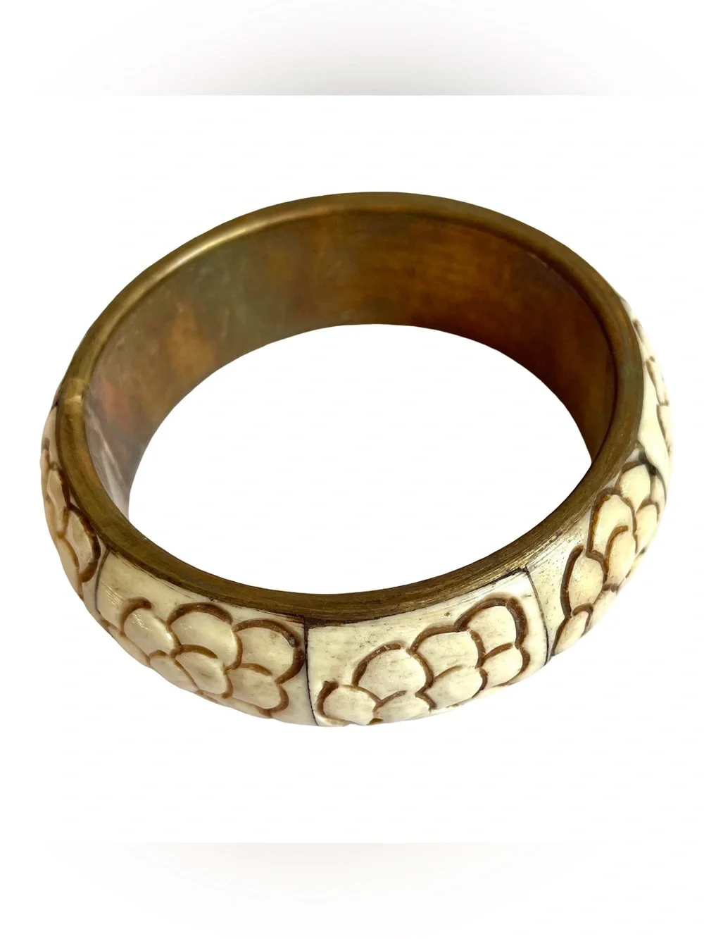Vintage Carved Bone And Brass Bangle Bracelet